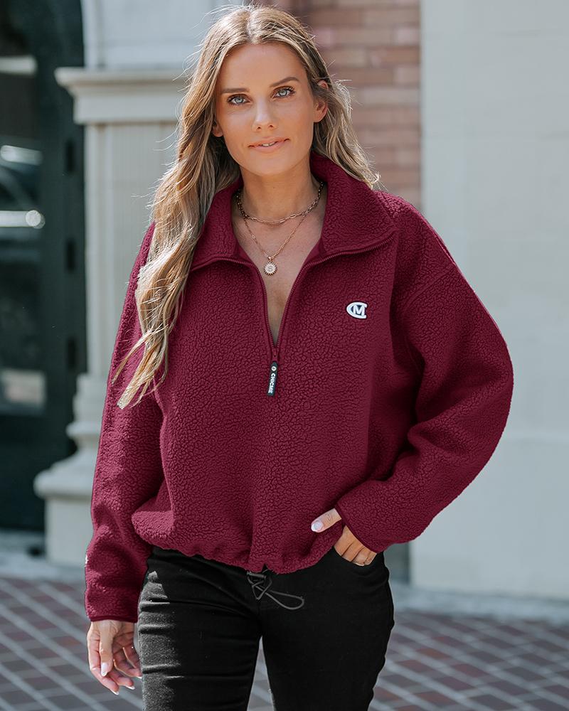 Stand Collar Drop Shoulder Half Zipper Sweatshirt Casual Drawstring Hem Faux Shearling Top, women Sweats & Hoodies, ChicMe catalog - Image 5