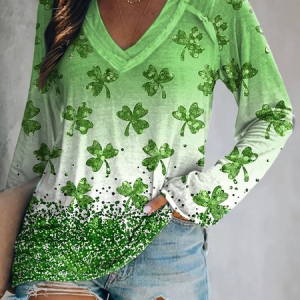 Women's Shamrock St. Patrick's Day Casual Printed Long Sleeve V-Neck Top, Long sleeves, Lilicloth.com