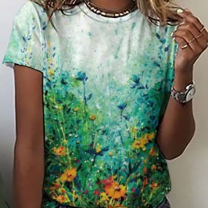 Women's Casual Abstract Floral Print Crew Neck T-Shirt, T-shirts, Lilicloth.com
