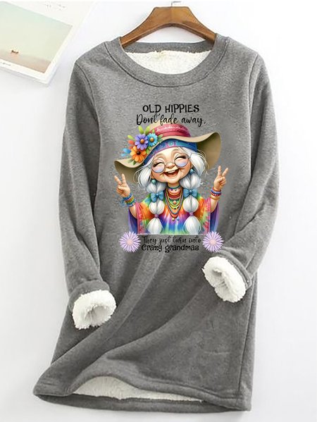 Grandma Old Hippies Casual Fluff Fleece Fabric Sweatshirt, Hoodies&Sweatshirts, Lilicloth.com