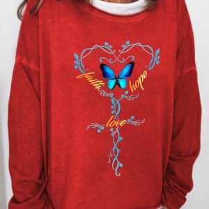 Women Butterfly Faith Love Hope Text Letters Crew Neck Sweatshirt, Hoodies&Sweatshirts, Lilicloth.com