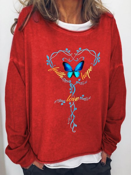 Women Butterfly Faith Love Hope Text Letters Crew Neck Sweatshirt, Hoodies&Sweatshirts, Lilicloth.com