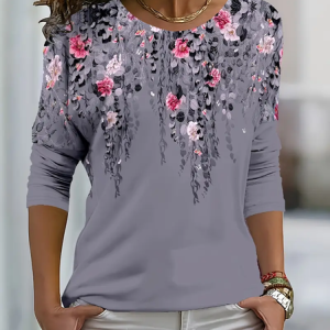 Women's Long Sleeve Tee T-shirt Spring/Fall Floral Printing Crew Neck Casual Graphic Tee Top, JustFashionNow T-Shirts, color:Gray|size:3XL