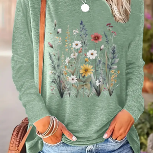 Women's Long Sleeve Tee T-shirt Spring/Fall Floral Printing Crew Neck Casual Top, JustFashionNow T-Shirts, color:Green|size:XXL