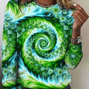 Crew Neck Regular Fit Casual Geometric T-Shirt, Long sleeves, Lilicloth.com