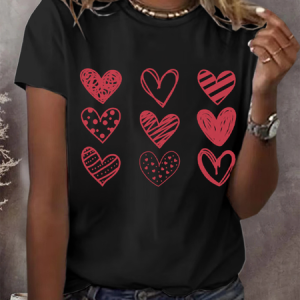 Casual Heart/Cordate Crew Neck Short Sleeve T-shirt, T-shirts, color:Black|size:XXL, catalog Noracora shop