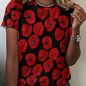 Red Poppies On Black Large Women's Short Sleeve T-Shirt, T-shirts, Lilicloth.com