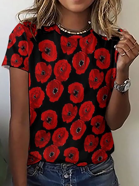 Red Poppies On Black Large Women's Short Sleeve T-Shirt, T-shirts, Lilicloth.com