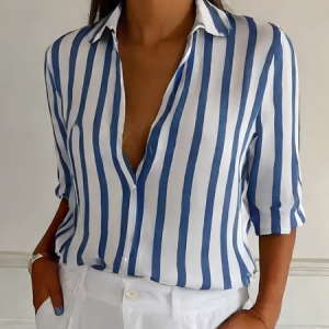 Women Striped Long Sleeve Shirt Spring/Fall Shirt Collar Holiday Vintage Top, JustFashionNow Blouses, color:Blue|size:XXL,
