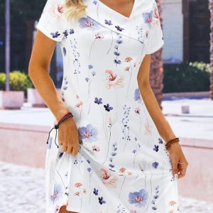 Asymmetrical Neck Casual Floral Printed Dress, Short, color:White|size:XXL, catalog Noracora shop