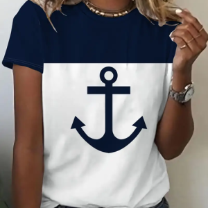 Casual Anchor Crew Neck Short Sleeve T-shirt, T-shirts, color:As Picture|size:XXL, catalog Noracora shop