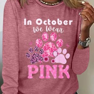 In October We Wear Pink Dog Cat Paw Breast Cancer Dog Paws Casual Long Sleeve Shirt, Long sleeves, Lilicloth.com