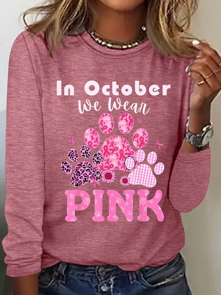 In October We Wear Pink Dog Cat Paw Breast Cancer Dog Paws Casual Long Sleeve Shirt, Long sleeves, Lilicloth.com