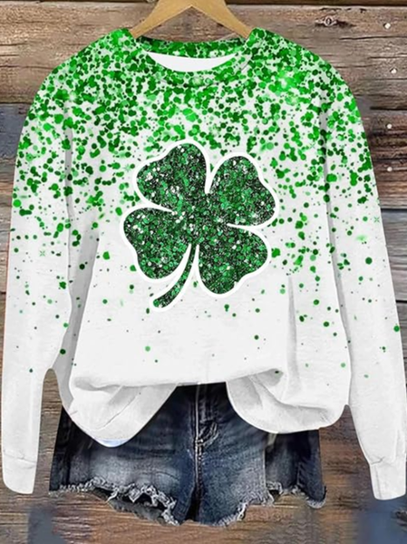Women's Four-leaf Clover Crew Neck Casual Spring/Fall Long Sleeve Sweatshirt, JustFashionNow Sweatshirts & Hoodies, color:Green|size:XXL,
