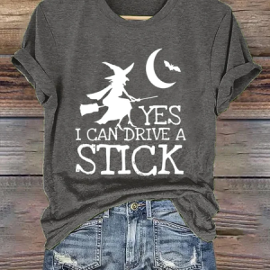 Women's Yes I Can Drive A Stick Halloween Witch Print Casual T-Shirt, T-shirts, Lilicloth.com