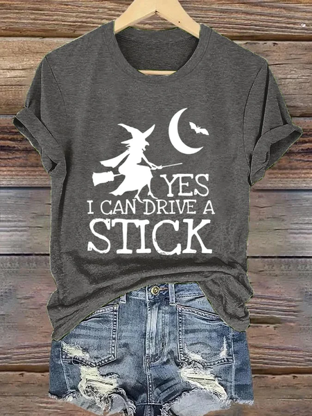 Women's Yes I Can Drive A Stick Halloween Witch Print Casual T-Shirt, T-shirts, Lilicloth.com