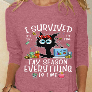 Black Cat I Survived Tax Season Everything Is Fine Casual Long Sleeve Shirt, Long sleeves, Lilicloth.com