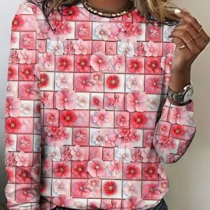 Regular Fit Floral Crew Neck Casual T-Shirt, Long sleeves, Lilicloth.com