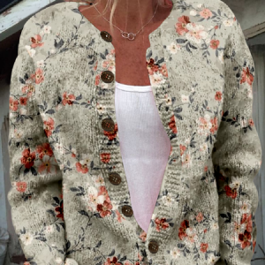 Crew Neck 3D Printing Knitted Casual Cardigan, Cardigans, Lilicloth.com