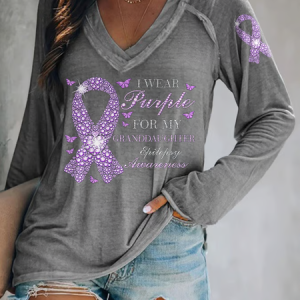 Women's Epilepsy Awareness I Wear Purple For My Granddaughter Purple Ribbon And Butterflies Print T-Shirt, Long sleeves, Lilicloth.com