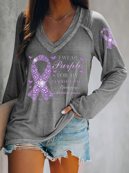 Women's Epilepsy Awareness I Wear Purple For My Granddaughter Purple Ribbon And Butterflies Print T-Shirt, Long sleeves, Lilicloth.com