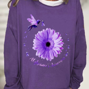 Hummingbird Sunflower Purple Ribbon Alzheimer's Awareness Casual Sweatshirt, Hoodies&Sweatshirts, Lilicloth.com