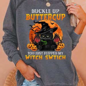Womens Halloween Black Cat Letters Sweatshirt, Hoodies&Sweatshirts, Lilicloth.com