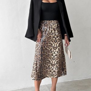 Allover Sequin Leopard Pattern Elastic Waist Skirt Casual Mid-length Skirt, women Skirts, ChicMe catalog