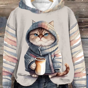 Women's Winter Funny Cute Wonderland Clothing Clipart Cat Coffee Printed Hooded Sweatshirt, Hoodies&Sweatshirts, Lilicloth.com