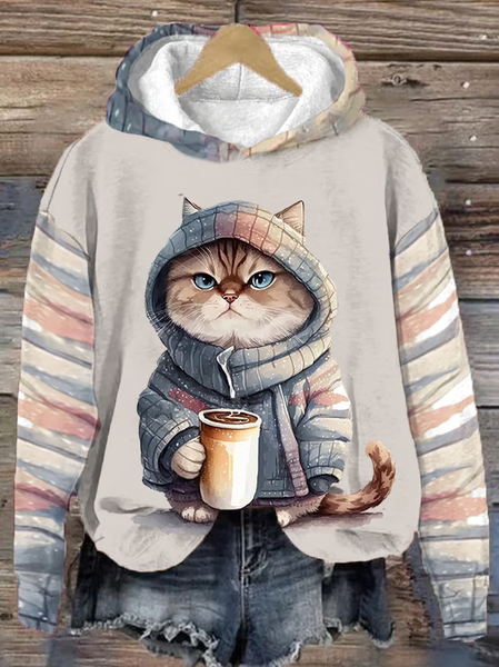 Women's Winter Funny Cute Wonderland Clothing Clipart Cat Coffee Printed Hooded Sweatshirt, Hoodies&Sweatshirts, Lilicloth.com
