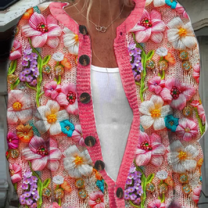 Women's Pink Floral Breast Cancer Sweater Print Knit Cardigan, Cardigans, Lilicloth.com