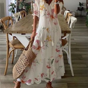 Women Floral V Neck Short Sleeve Comfy Casual Maxi Dress, Maxi, color:White|size:XS, catalog Noracora shop