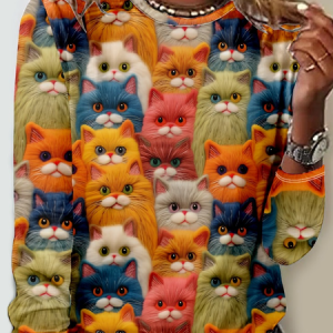 3D Printing Casual Funny Cat Crew Neck Long Sleeve Shirt, Long sleeves, Lilicloth.com