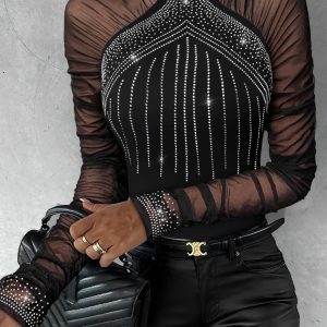 Rhinestone Round Neck Ruched Sheer Mesh Slim Fit Bodysuit Casual Romper, women Bodysuit, ChicMe catalog