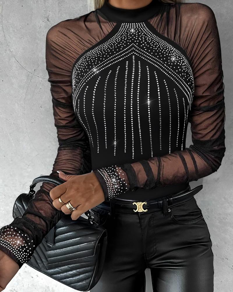 Rhinestone Round Neck Ruched Sheer Mesh Slim Fit Bodysuit Casual Romper, women Bodysuit, ChicMe catalog