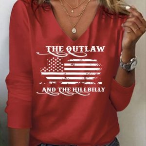 The Outlaw and The Hillbilly Hat V-Neck Long Sleeve T-Shirt, Long sleeves, Lilicloth.com