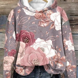 Women's Breast Cancer Flower Print Casual Round Neck Sweatshirt Hoodie, Hoodies&Sweatshirts, Lilicloth.com
