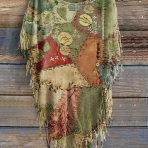 Women's Vintage Patchwork Print Punk Hippie Batwing Tussle Fringes Poncho T-Shirt, T-shirts, Lilicloth.com