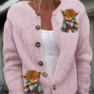 Women's Casual Highland Cow Print Knit Cardigan, Cardigans, Lilicloth.com