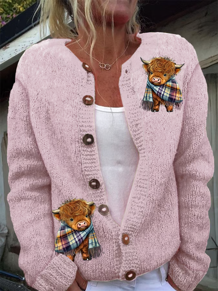 Women's Casual Highland Cow Print Knit Cardigan, Cardigans, Lilicloth.com