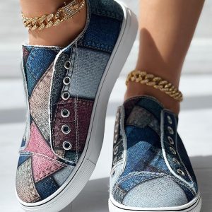 Denim Look Print Eyelet Slip-on Sneakers, women Slip-on, ChicMe catalog