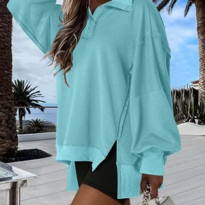 Polo Collar Long Sleeve Sweatshirt Loose Fit Side Slit Dip Hem Casual Top, women Sweats & Hoodies, ChicMe catalog
