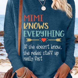 Women's Vintage Mimi Knows Everything Family Gifts Crew Neck Casual T-Shirt, Long sleeves, Lilicloth.com
