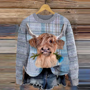 Highland Cow Greetings Wool Felt Knitted Pullover Sweater, Sweaters, Lilicloth.com