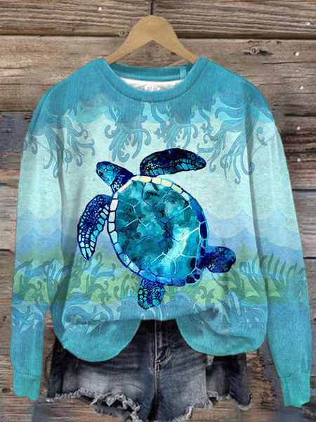 Women's Casual Sea Turtle Print Long Sleeve Sweatshirt, Hoodies&Sweatshirts, Lilicloth.com