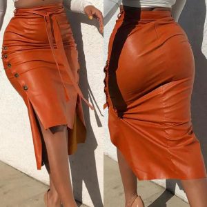 High Waisted Tie Waist Side Slit PU Leather Pencil Skirt Elegant Side Button High-Low Hem Work Skirt, women Skirts, ChicMe catalog