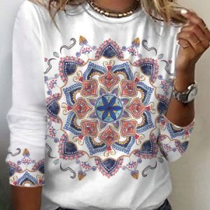 Women's Long Sleeve T-shirt Spring/Fall White Ethnic Jersey Crew Neck Daily Going Out Casual Top, Long sleeves, Lilicloth.com