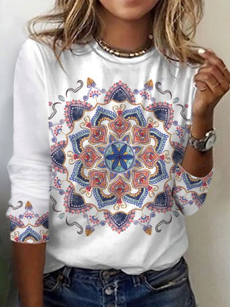 Women's Long Sleeve T-shirt Spring/Fall White Ethnic Jersey Crew Neck Daily Going Out Casual Top, Long sleeves, Lilicloth.com