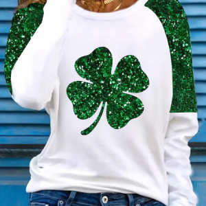 Women's Shamrock Long Sleeve Tee T-shirt St. Patrick's Day Floral Casual Spring/Fall Top, JustFashionNow T-Shirts, color:White|size:XXL