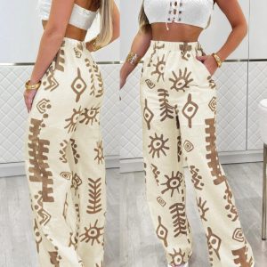 2 Pieces Bandeau Sleeveless Lace Up Top and Abstract Print Strechy Waist Pocket Design Pants Set, women Two-piece Sets, ChicMe catalog